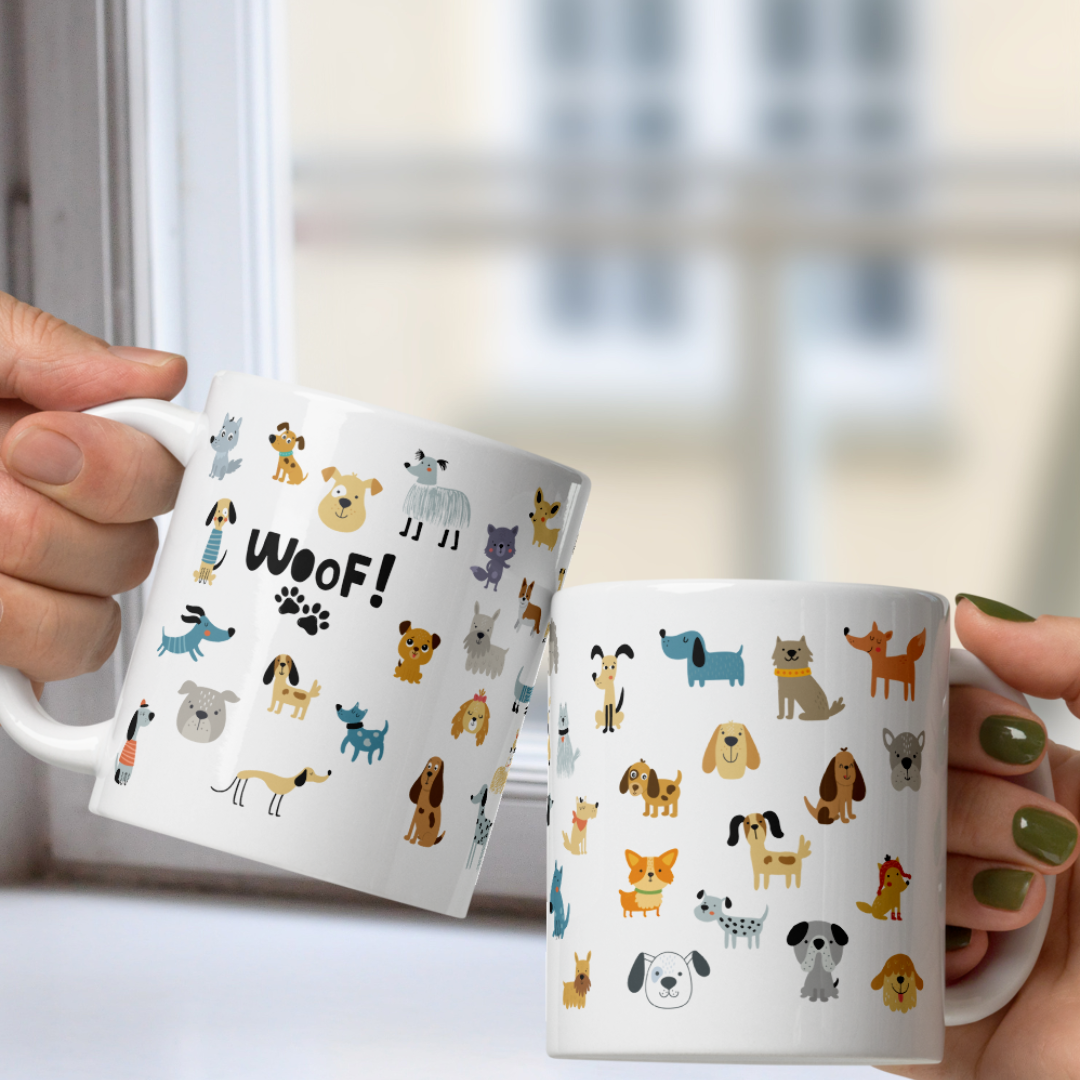 Two mugs with dog illustrations and 'WOOF!' text held by two hands.