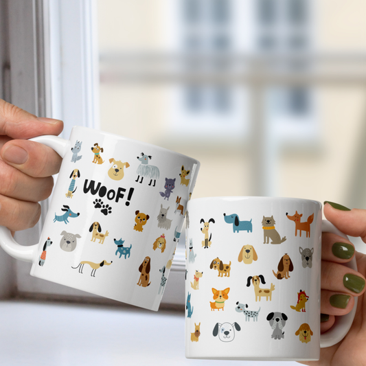 Two mugs with dog illustrations and 'WOOF!' text held by two hands.