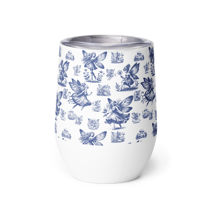 White tumbler with blue fairy and butterfly pattern on a white background