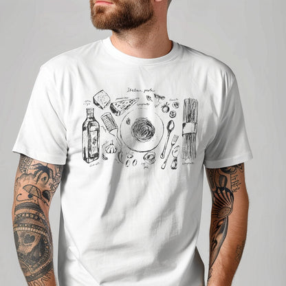 Man wearing a white t-shirt with black graphic design on a gray background