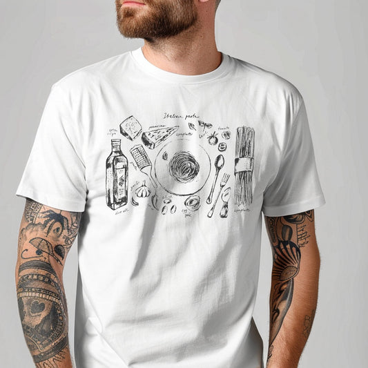 Man wearing a white t-shirt with black graphic design on a gray background