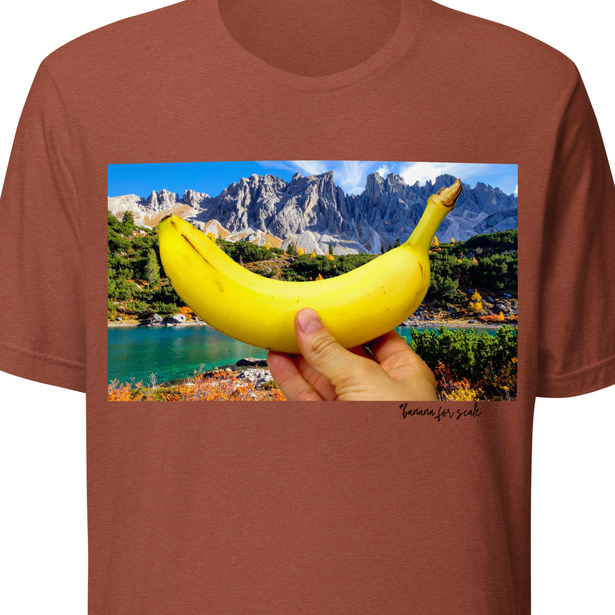 Brown t-shirt with a graphic of a hand holding a banana over a scenic landscape.