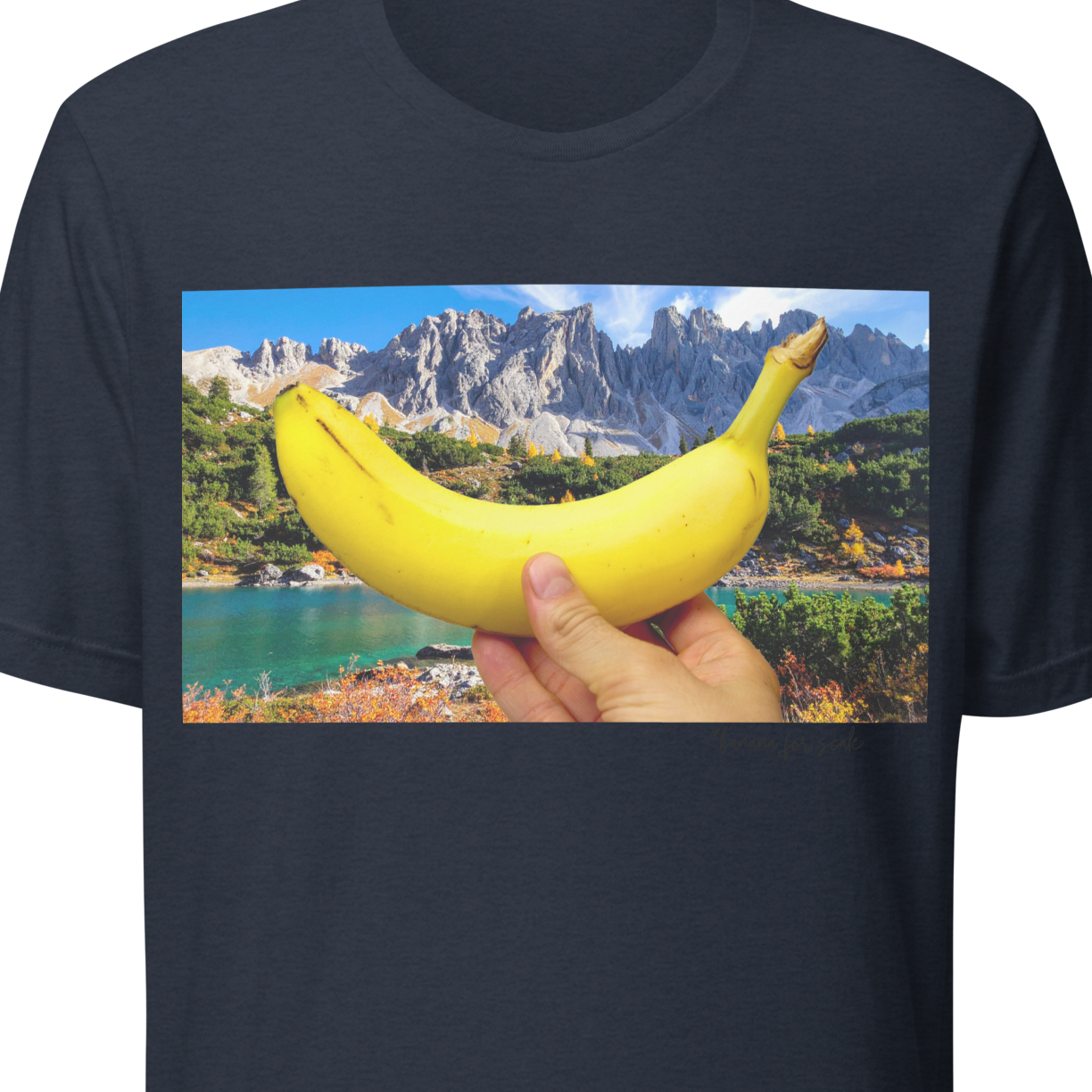 Navy t-shirt with a graphic of a hand holding a banana over a scenic landscape.