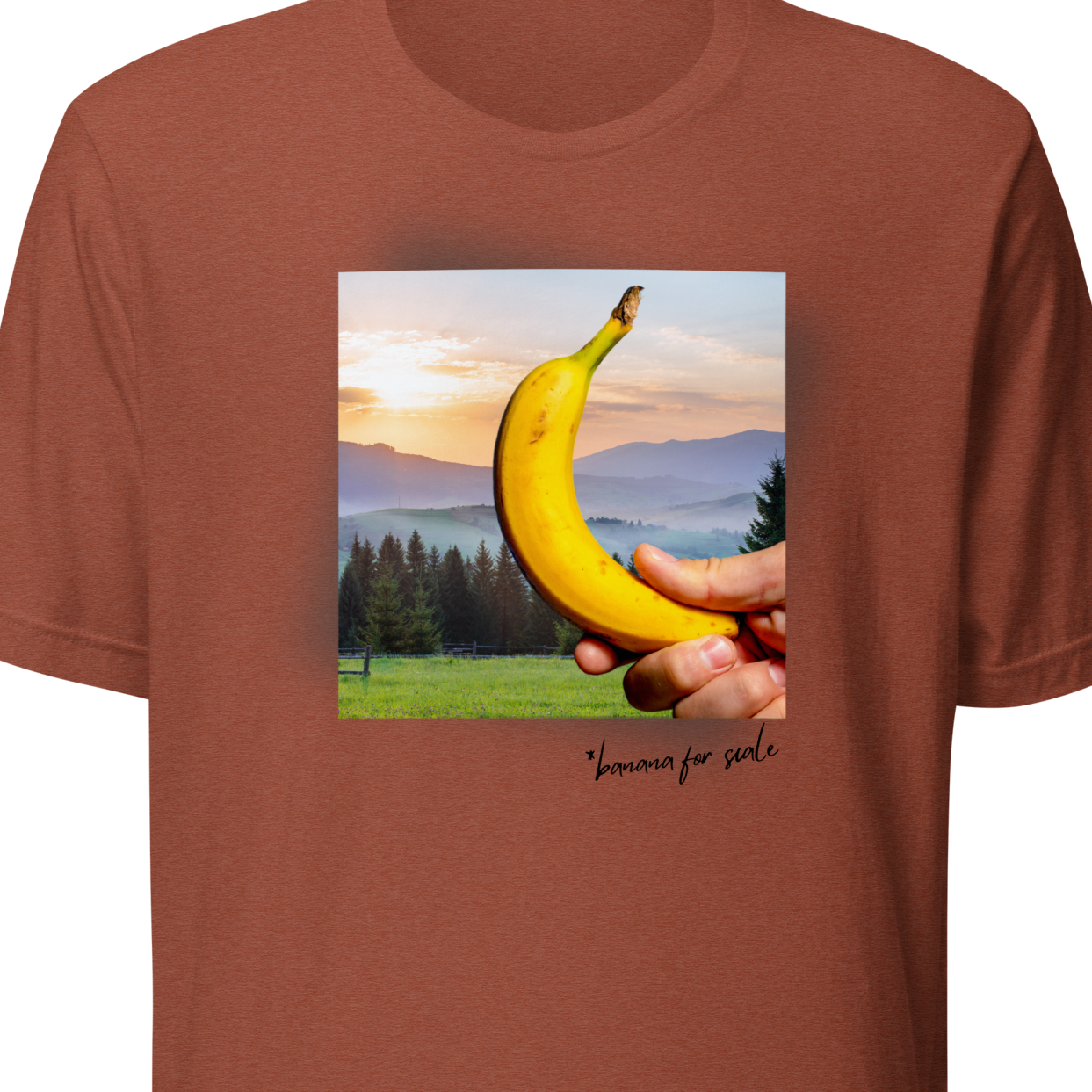 Brown t-shirt with a graphic of a hand holding a banana and a sunset over trees on a white background