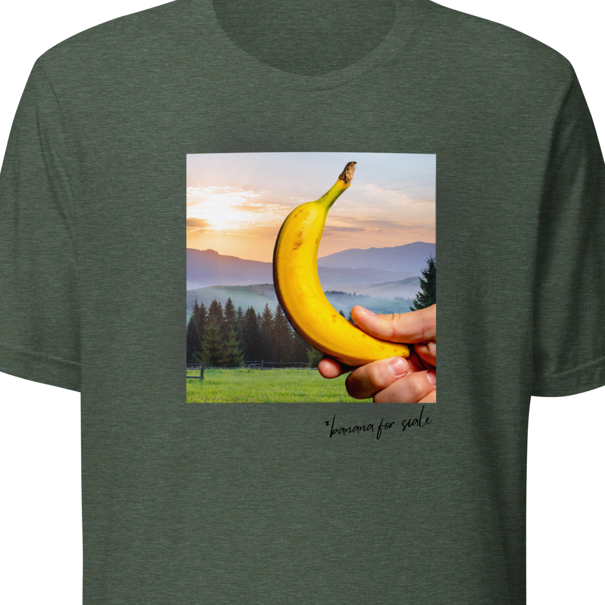 Green t-shirt with a graphic of a banana held by a hand against a scenic background.