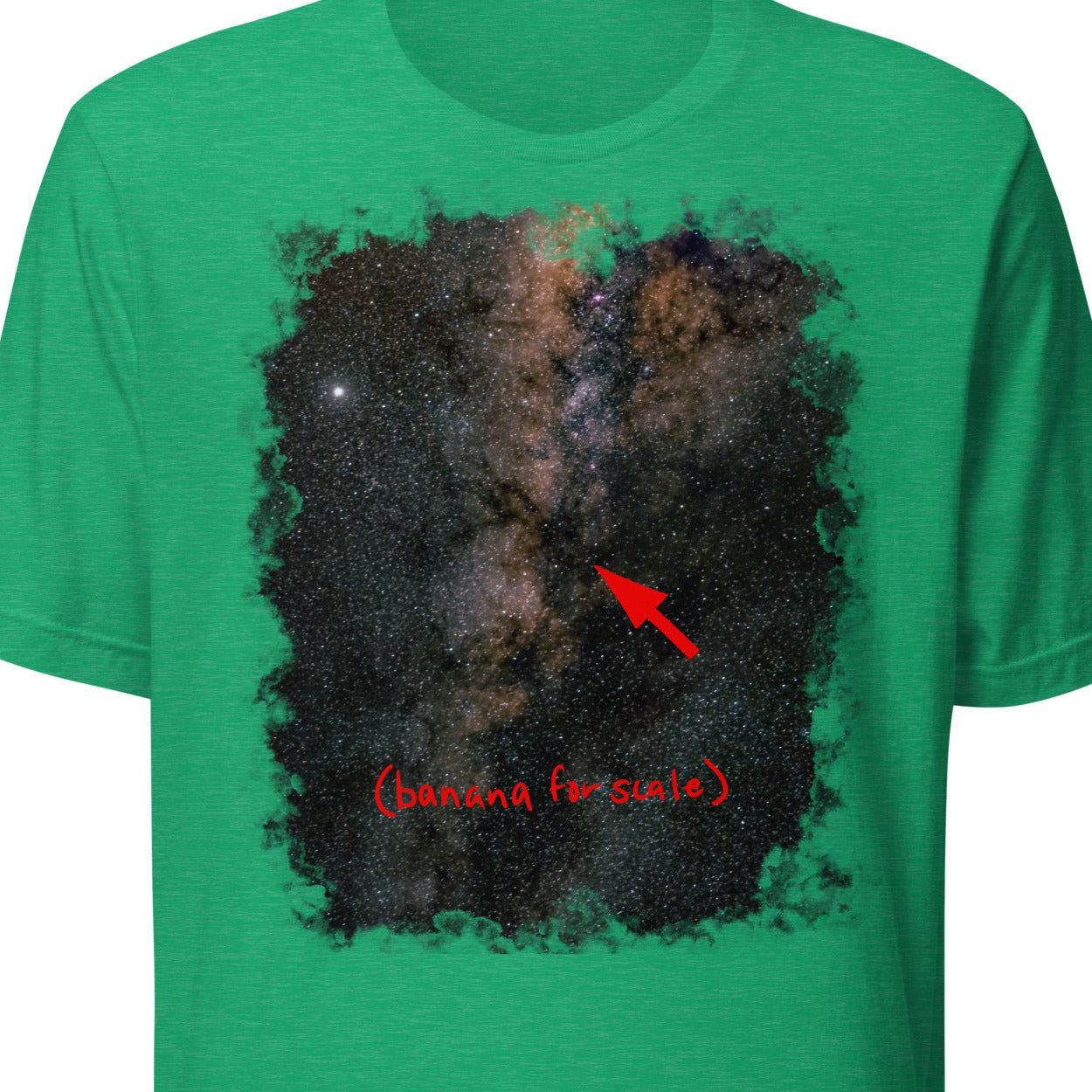 Green t-shirt with black abstract design and red text on a white background