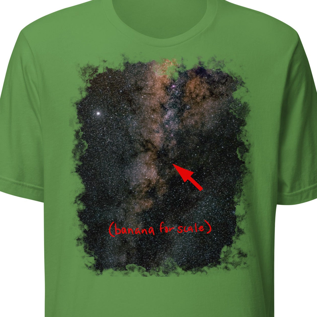 Green t-shirt with space-themed graphic and text on a white background