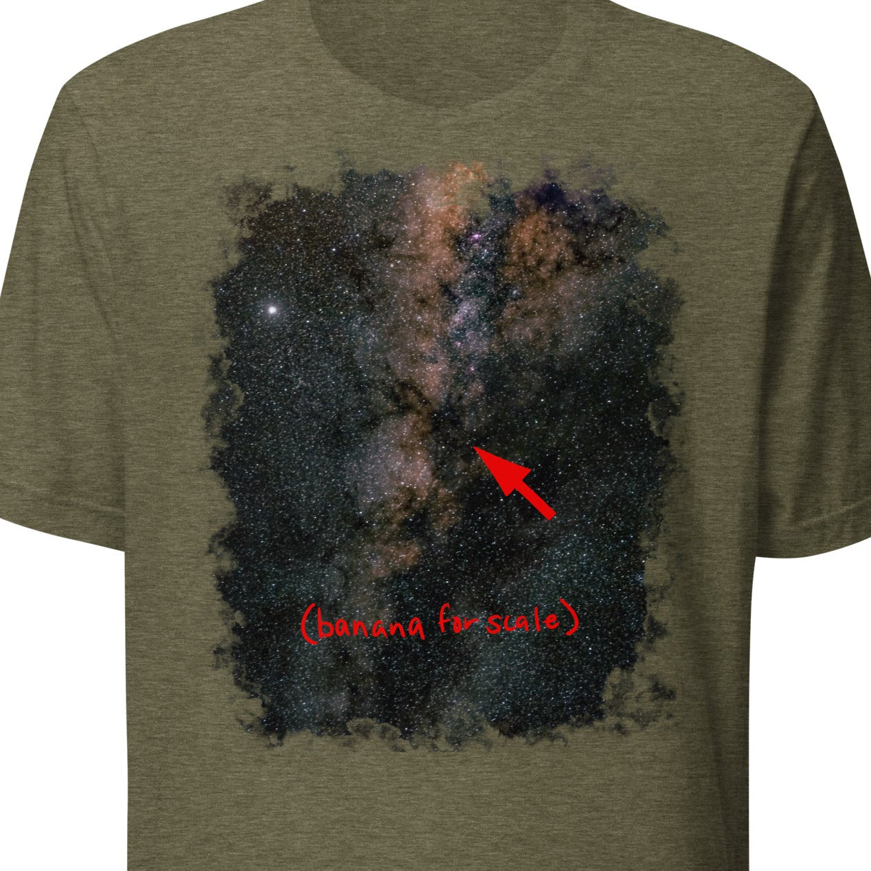 Green t-shirt with a space-themed graphic and text on a white background