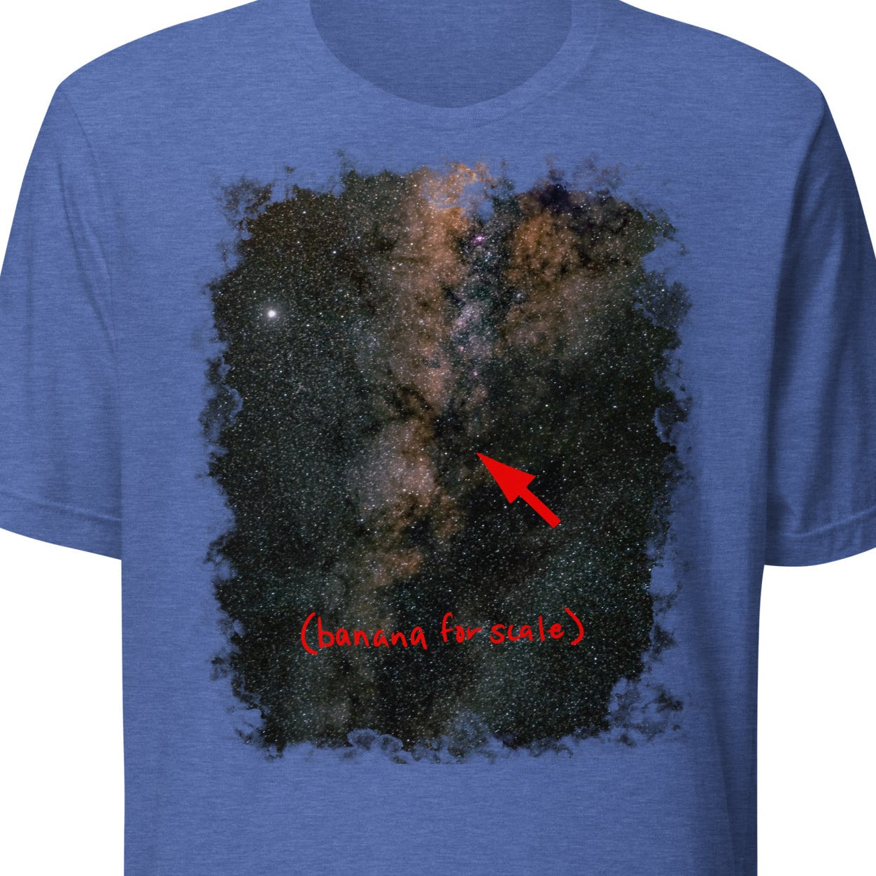Blue t-shirt with a graphic design of a starry night sky and a red arrow, on a white background.