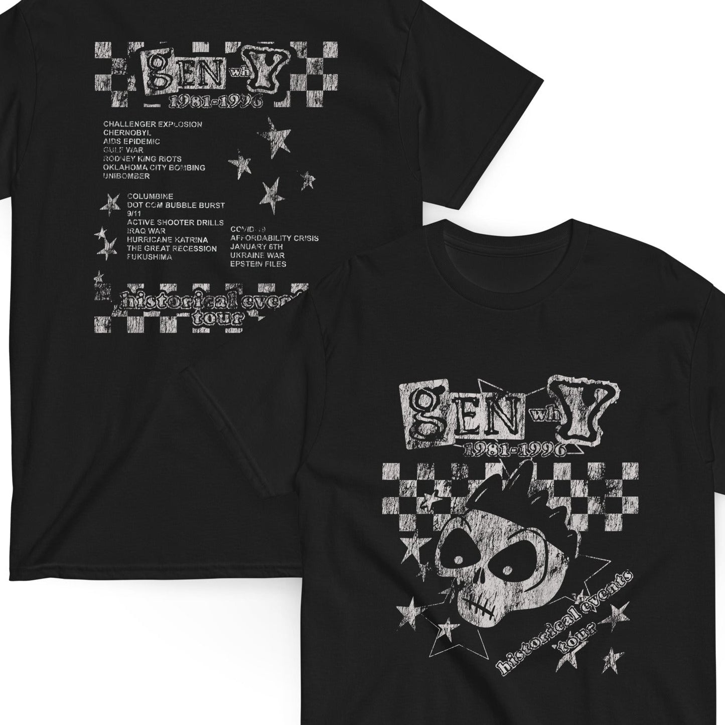 Black t-shirt with skeleton design and 'Memories Over Money' text on a white background