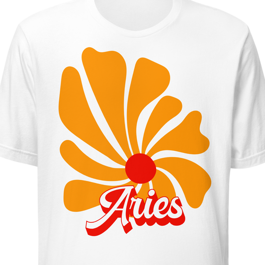 White t-shirt with orange floral design and 'Aries' text on a white background