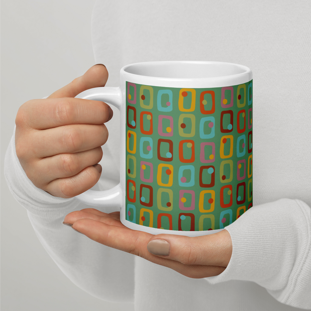Retro Rectangles White Mug - Happy Hour